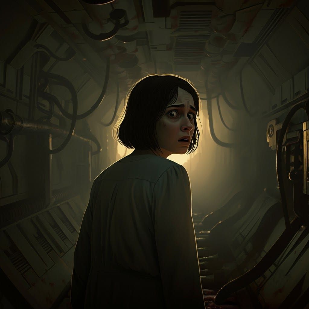 Worried Girl in Dystopian Biopunk Nightmare