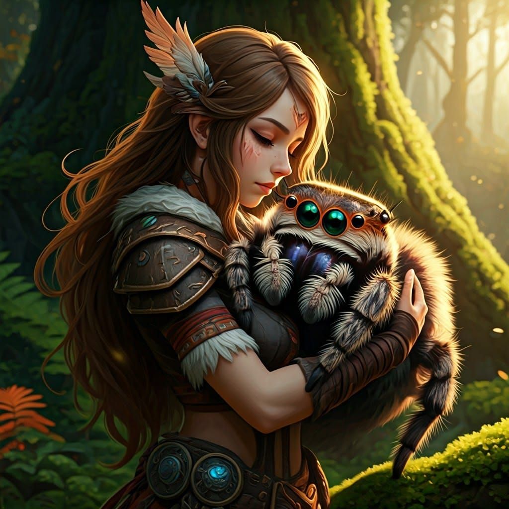 Adventurer Embraces Spider in Lush Forest, Matte Painting