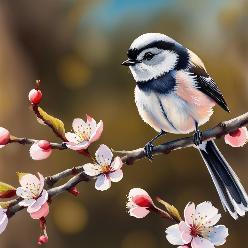 Long-Tailed Tit on Cherry Branch: Watercolour Painting