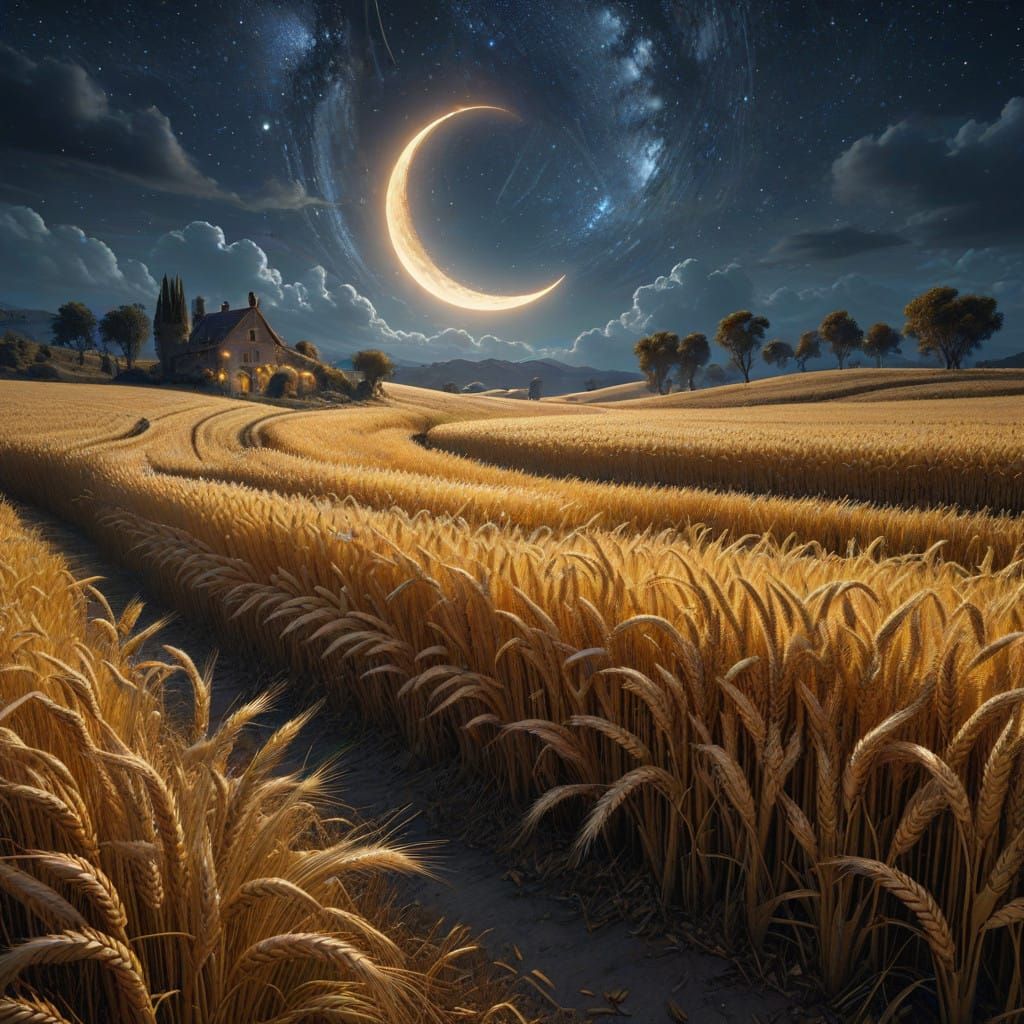 Golden Wheat Field Under Starry Night Sky in Impressive HDR...
