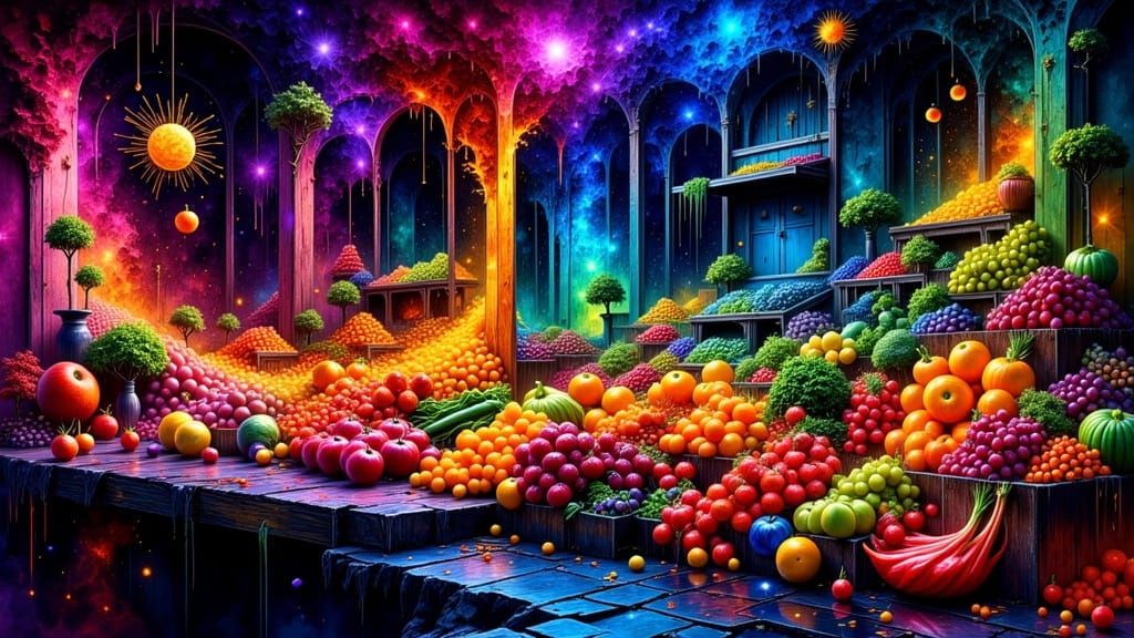 Iridescent Farmstand in Swirling Abstract Style