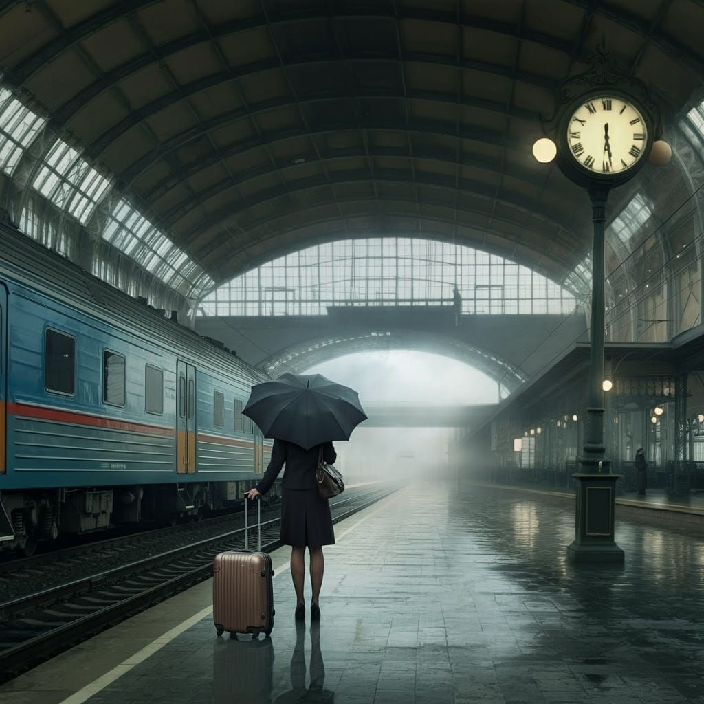 Elegant Woman in Train Station with Train and Clock