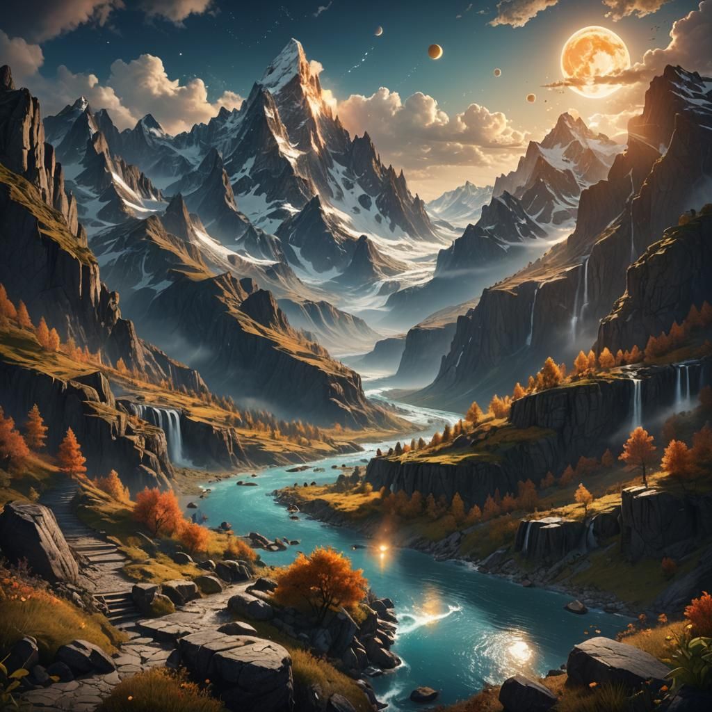 Fantastical Landscape with Sun, Moon, Mountains, Rivers