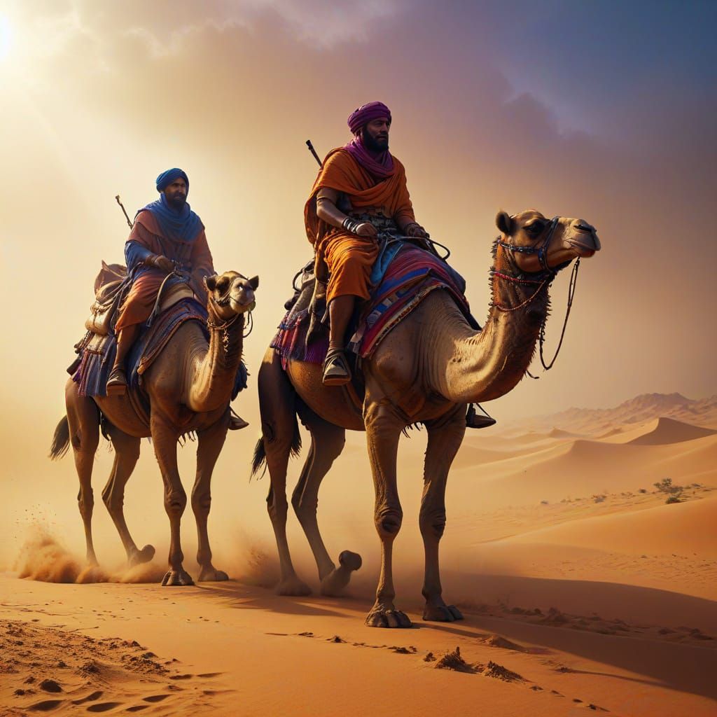 Bedouin Camel Riders in Desert Sandstorm - Splash Art