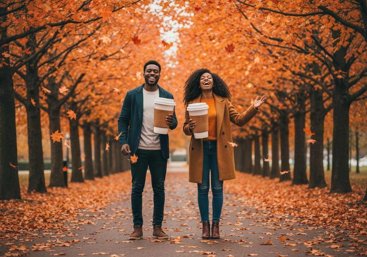 Couple Enjoys Coffee Amidst Autumn Leaves