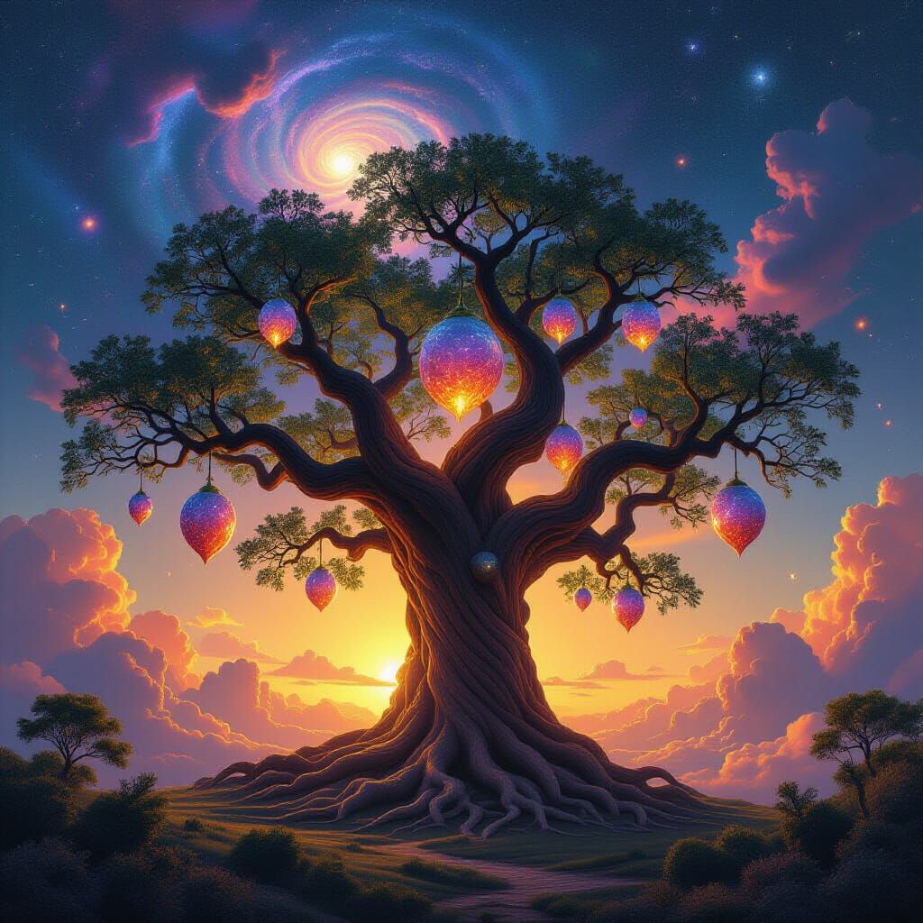 Cosmic Tree in Nebula with Crystal Fruits