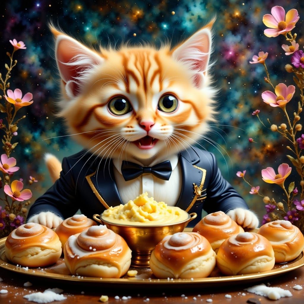 Happy Kitten Serves Cinnamon Rolls, Impasto Oil Painting