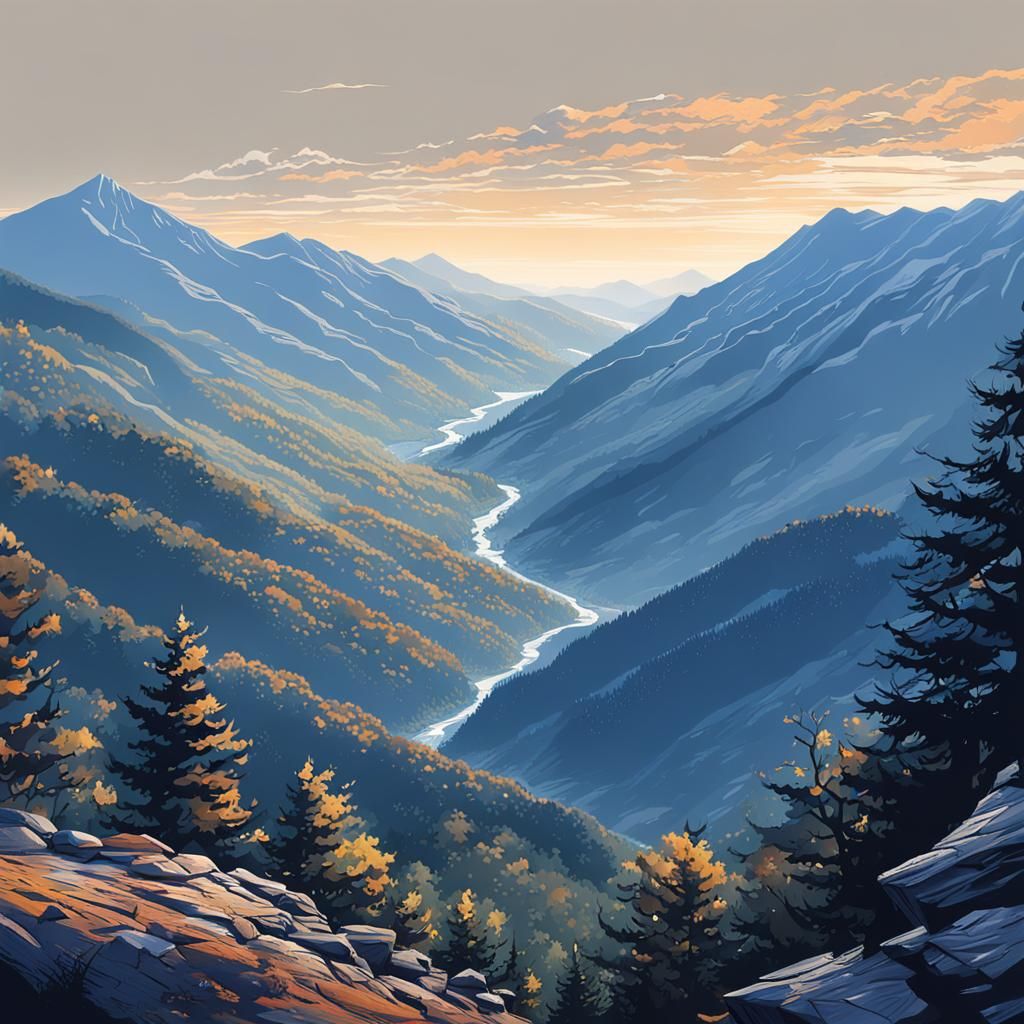 Hyperrealistic Blue Ridge Mountains Splash Art