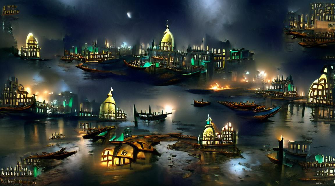 Medieval Kolkata City Bay at Night: Concept Art