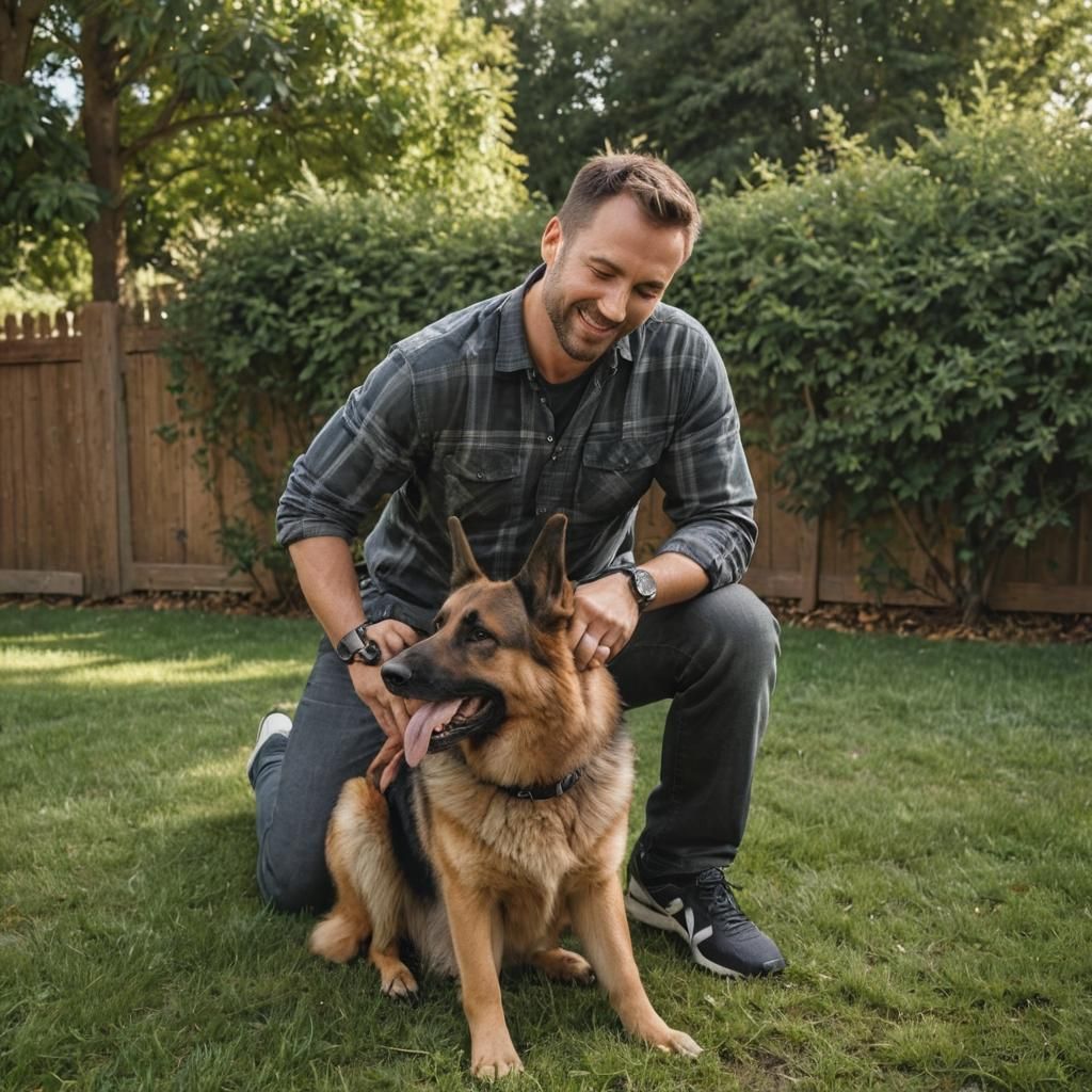 Warm Candid Portrait of Man with German Shepherd