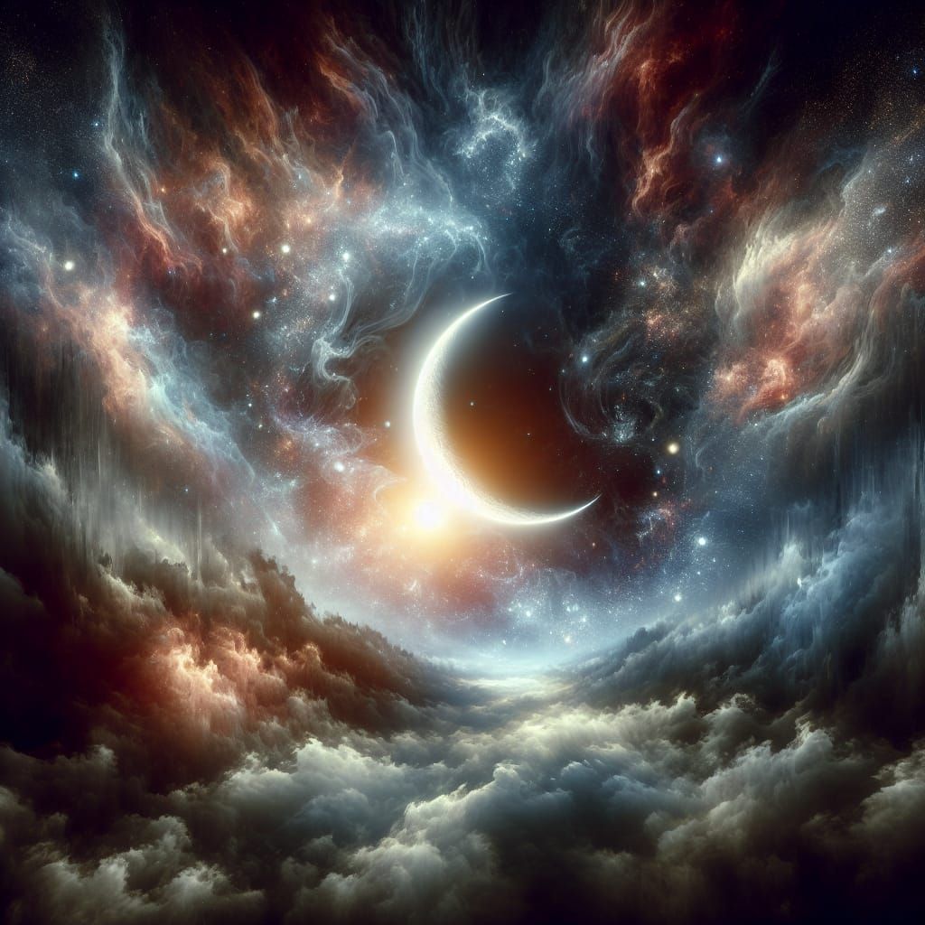 Stunning Cosmic Scene with Brilliant Crescent Moon