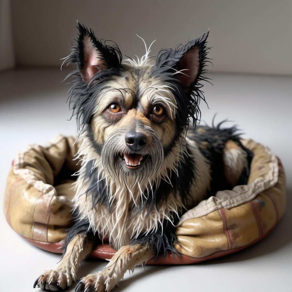 Hyperrealistic Homely Mongrel Dog on Doggy Bed