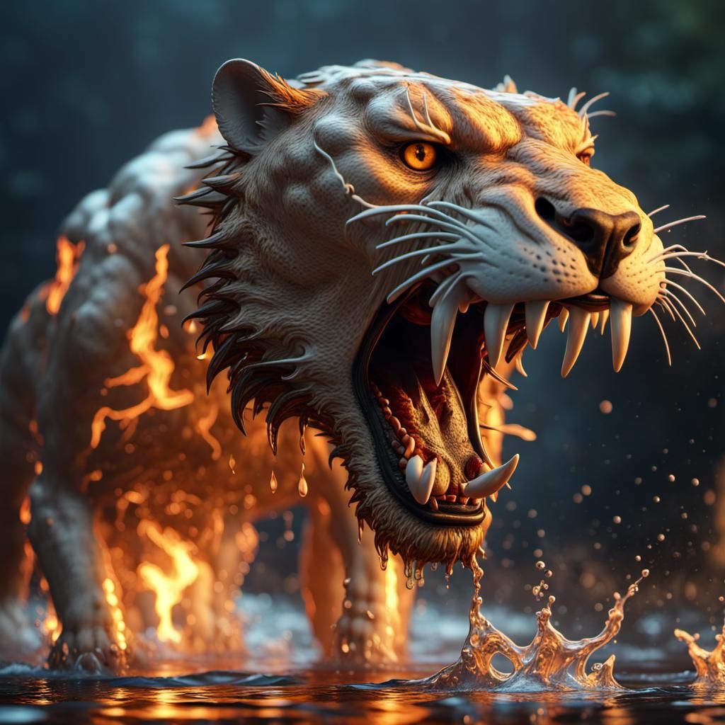 Water Sabertooth in Fire: Photorealistic 4K Render