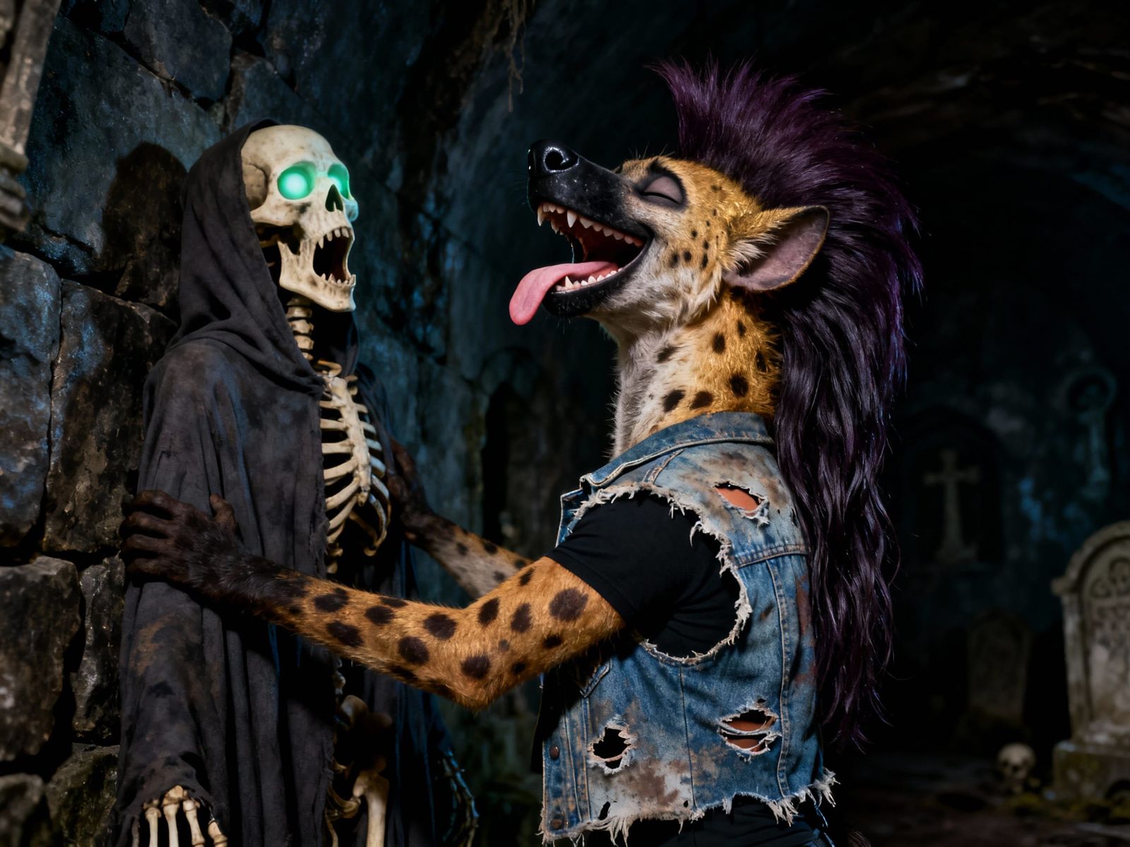 She-Hyena Laughs with Skeleton in Dim Catacombs