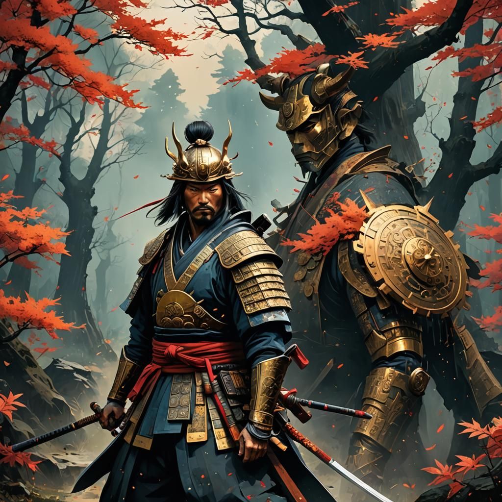 Samurai with Luminous Colors and Golden Outlines