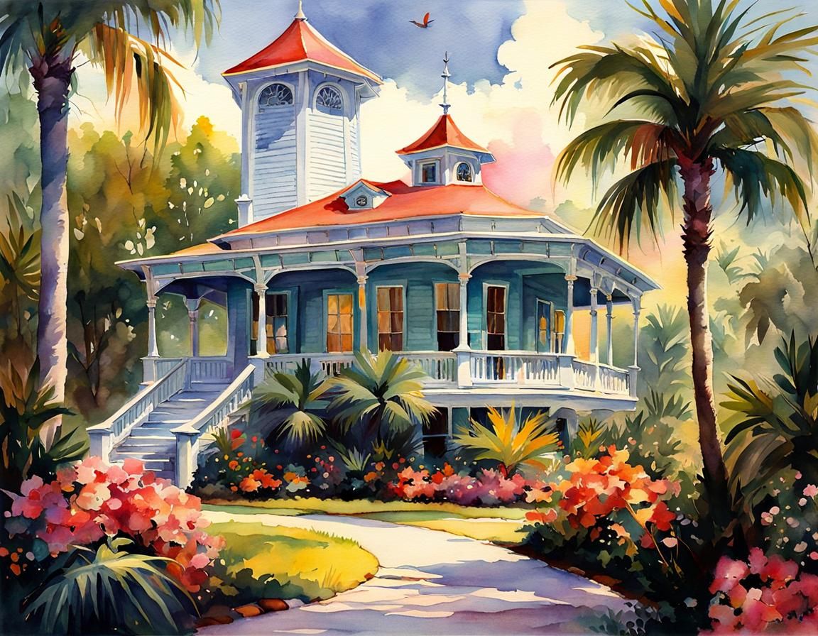 Florida Nature Postcard in Watercolor Art Deco Style