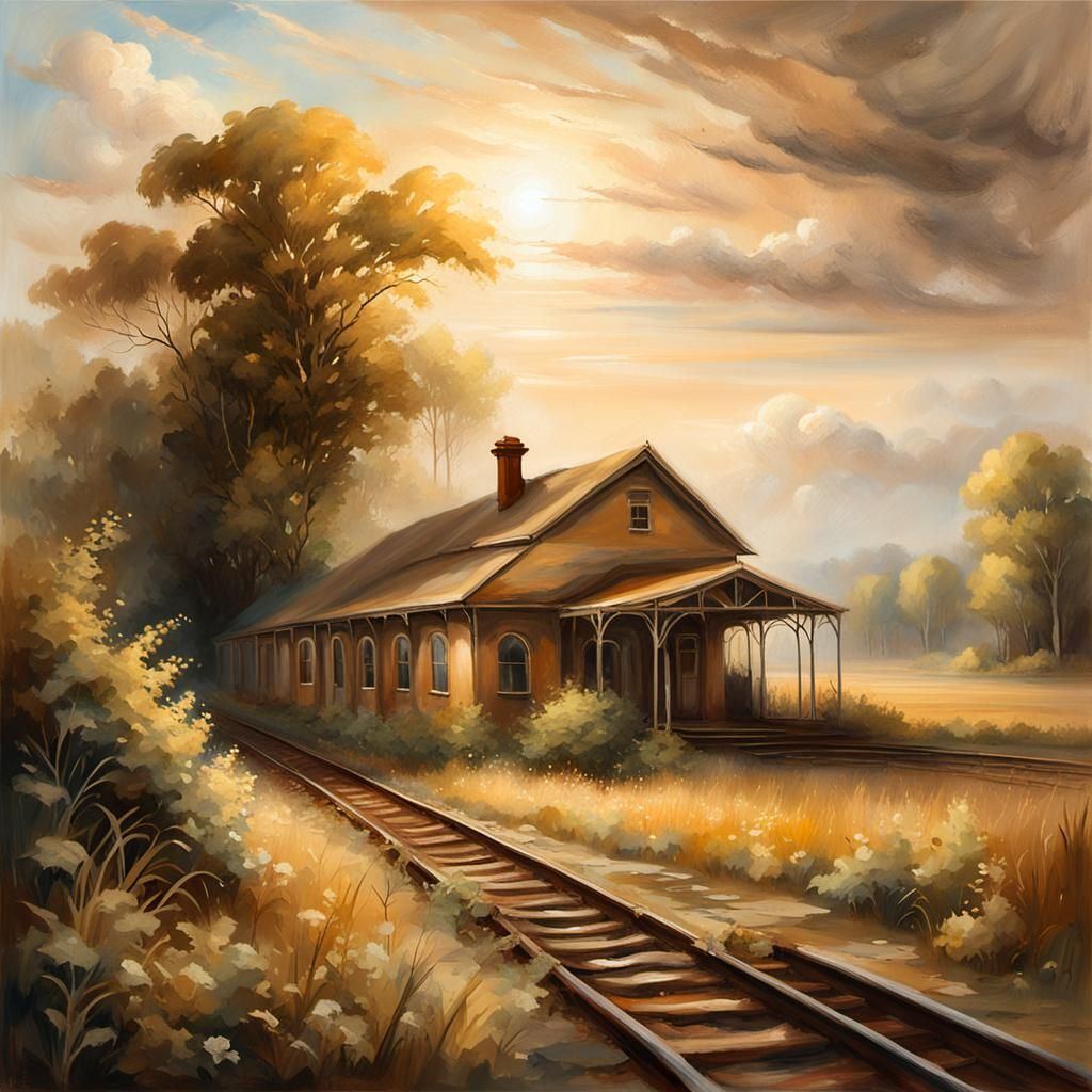 Forgotten Train Station in Romantic Landscape Painting