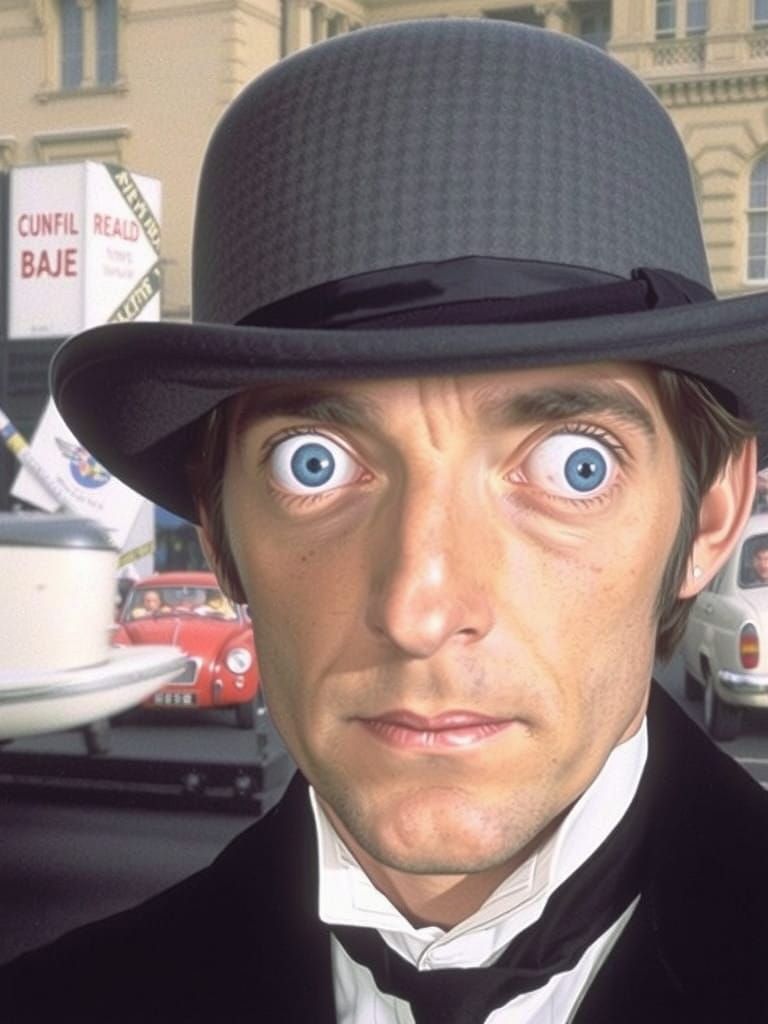 Man in Grey Suit with Wonky Eyes, London Cityscape