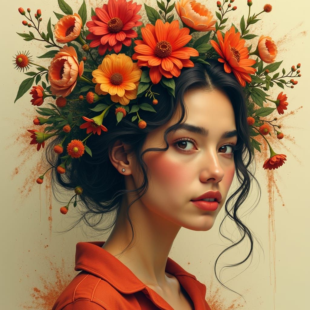 Hispanic Woman Portrait with Flowers in Art Nouveau Style
