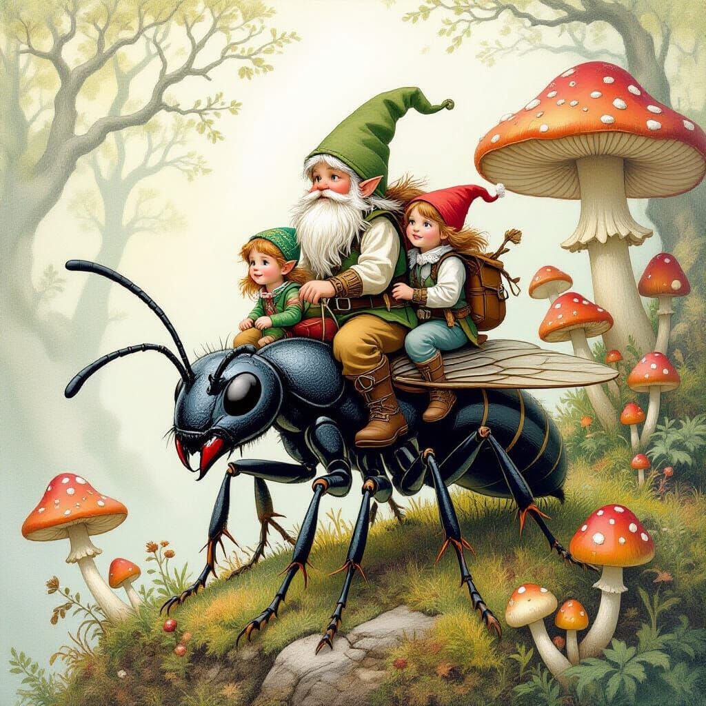 Gnome Rides Giant Ant in Whimsical Forest