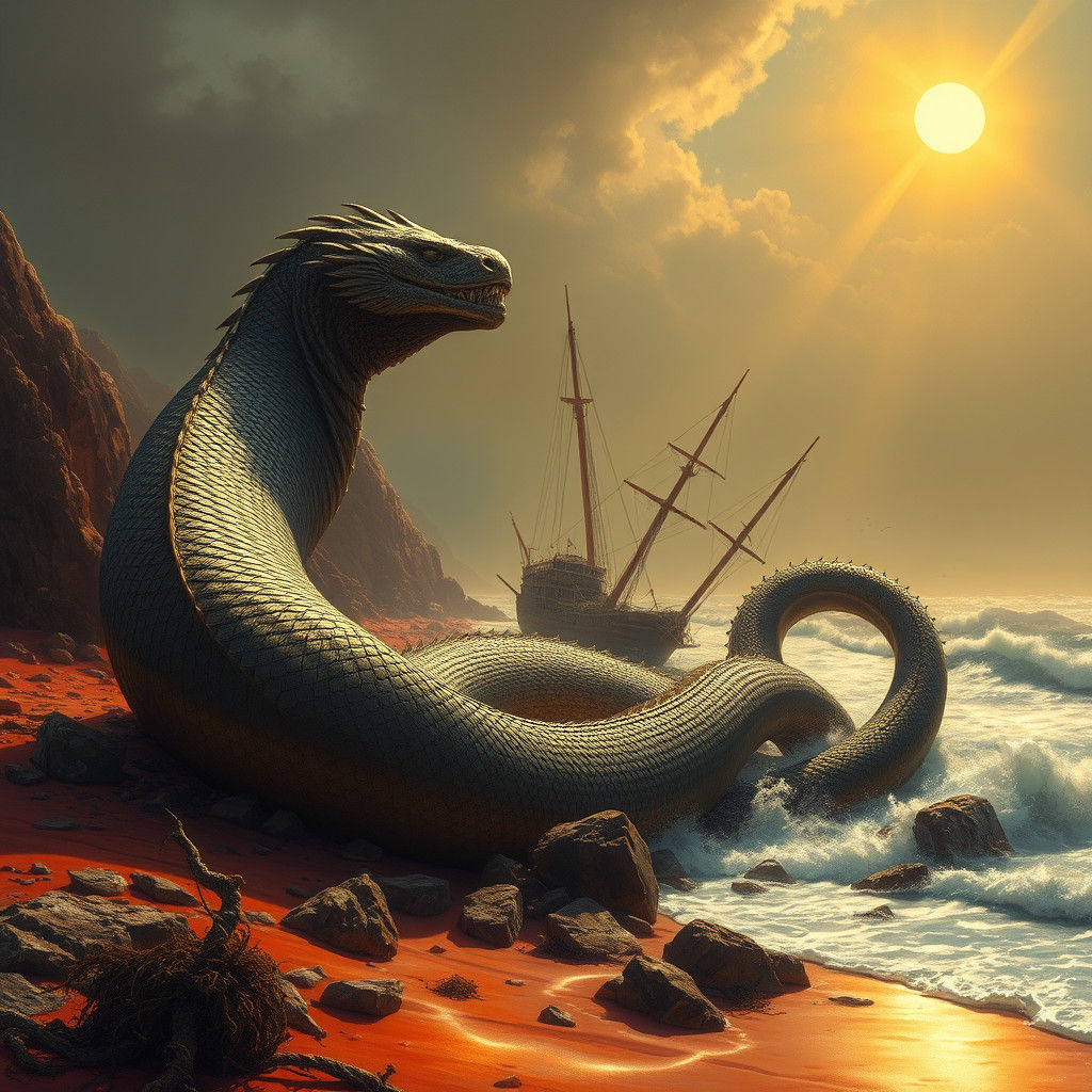 Colossal Sea Serpent on Red Coast in Romantic Style