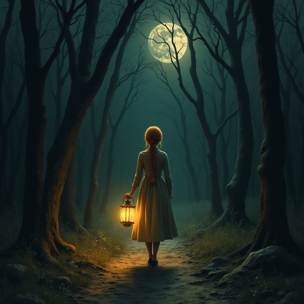 Woman with Lantern in Dark Forest at Night