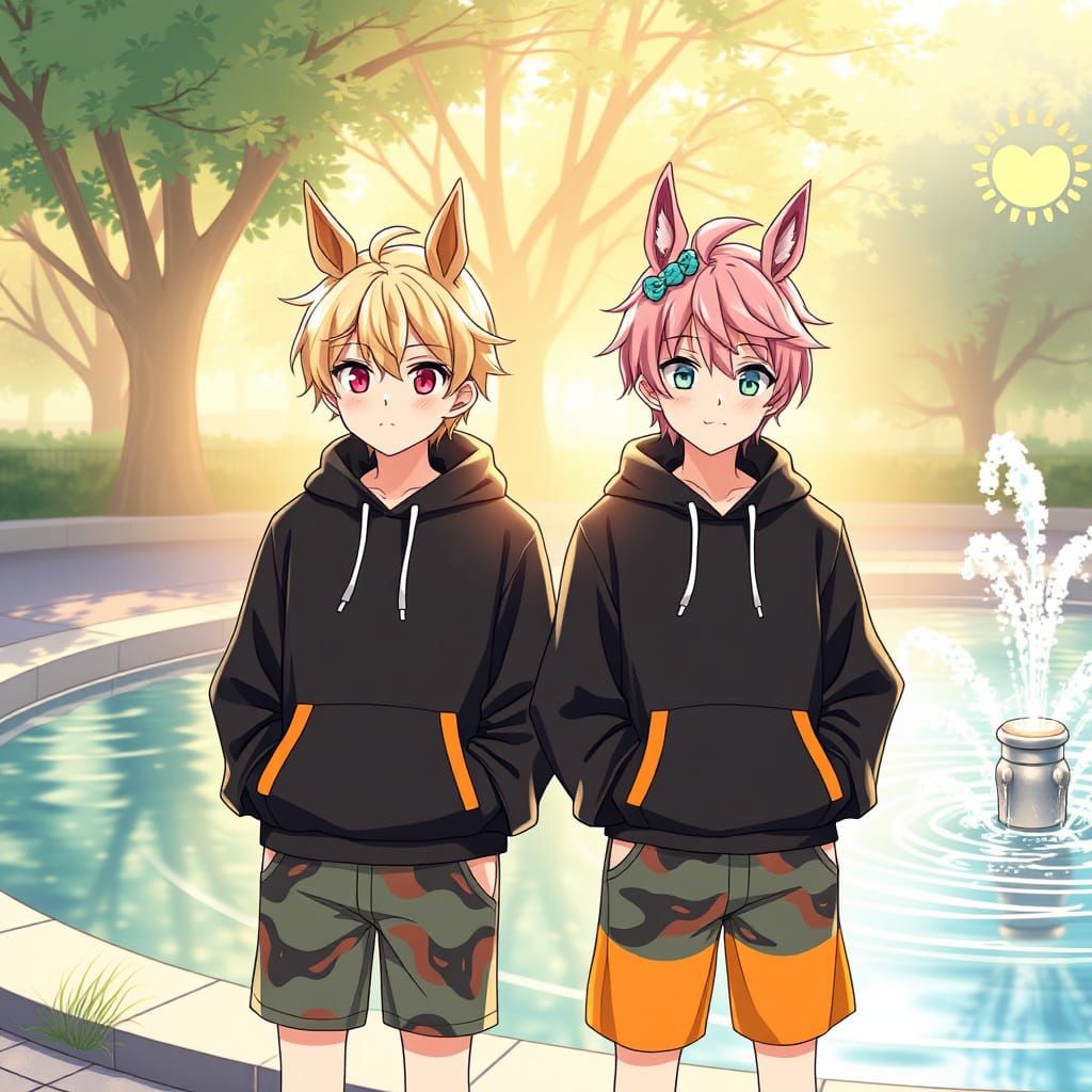 Adorable Boys with Horse Ears in Morning Park
