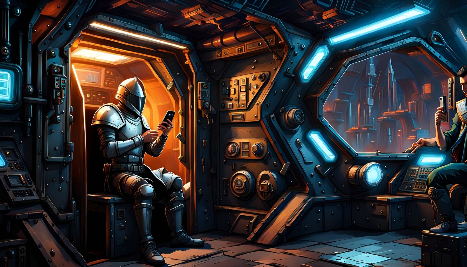 Knight in Cyberpunk Workshop Calls from Spaceship