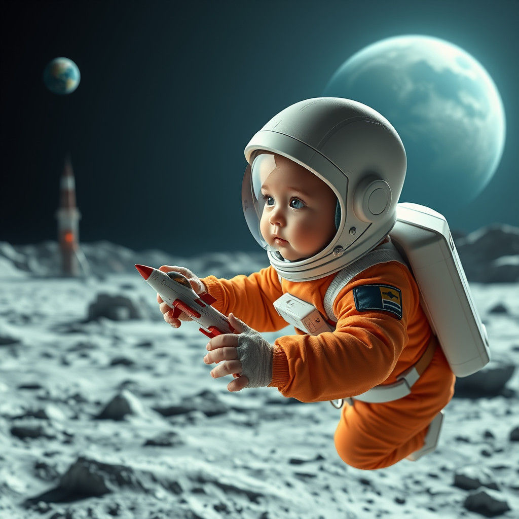 Baby Astronaut Exploring Lunar City in Futuristic Style