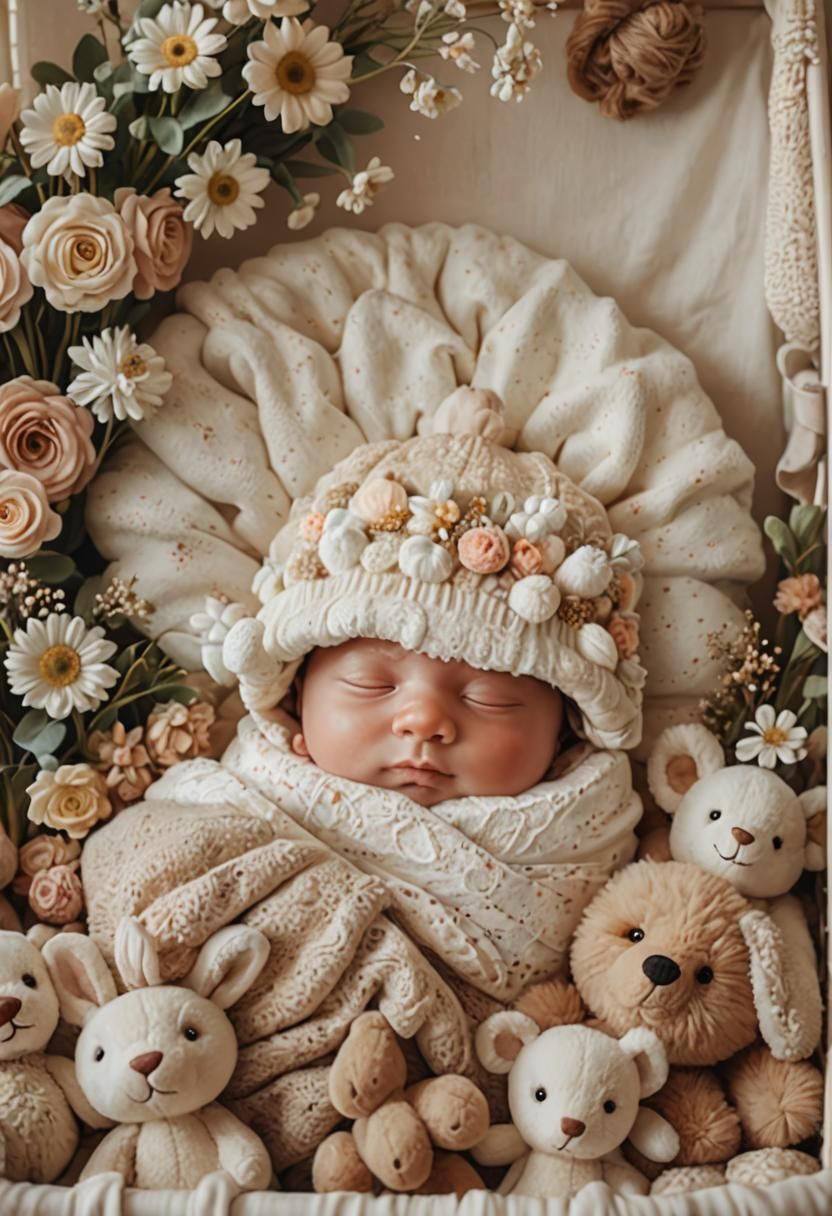 Newborn Baby in Cozy Nursery: Whimsical Digital Art