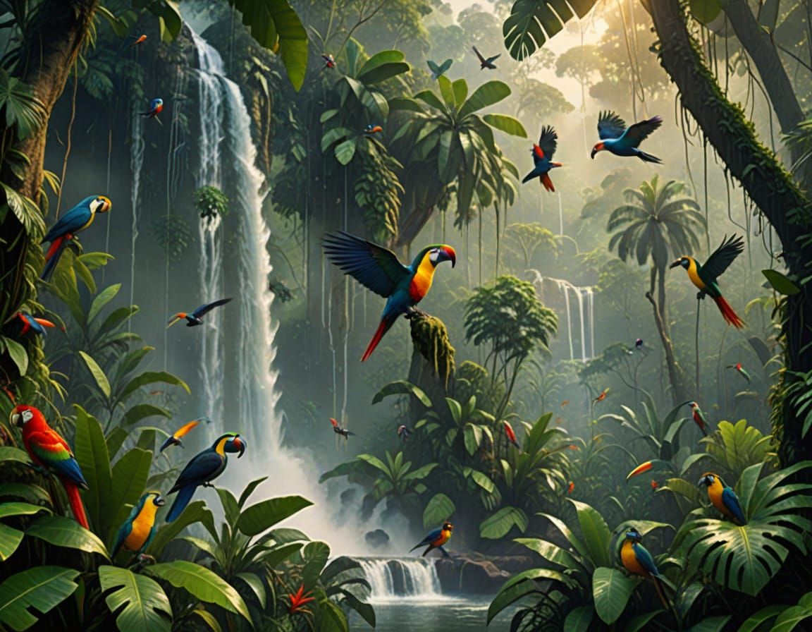 Vibrant Tropical Birds Fly Through Misty Rainforest Waterfal...