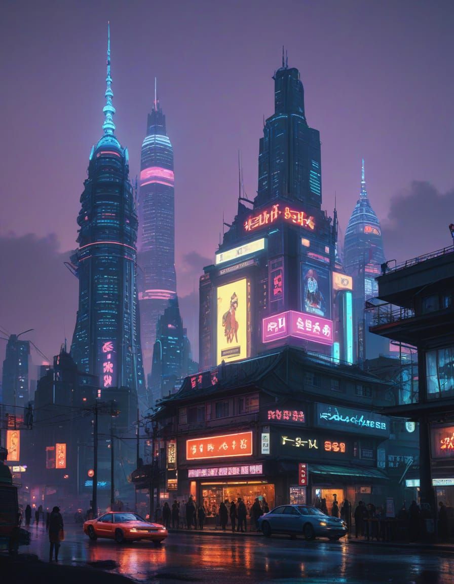 Cyberpunk Cityscape at Night with Neon Lights and Flying Car...