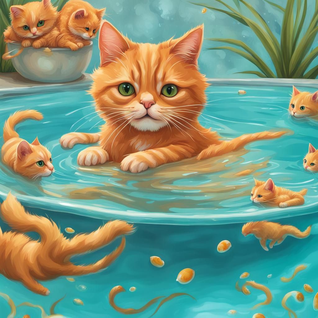 Ginger Cats Swimming: Whimsical Fairytale Art