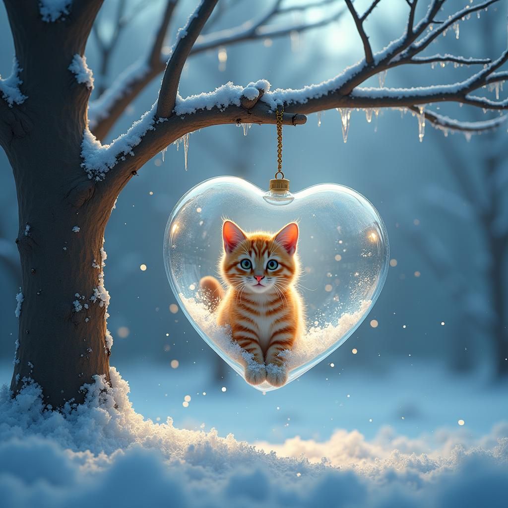 Cat Inside Heart Orb in Winter Wonderland