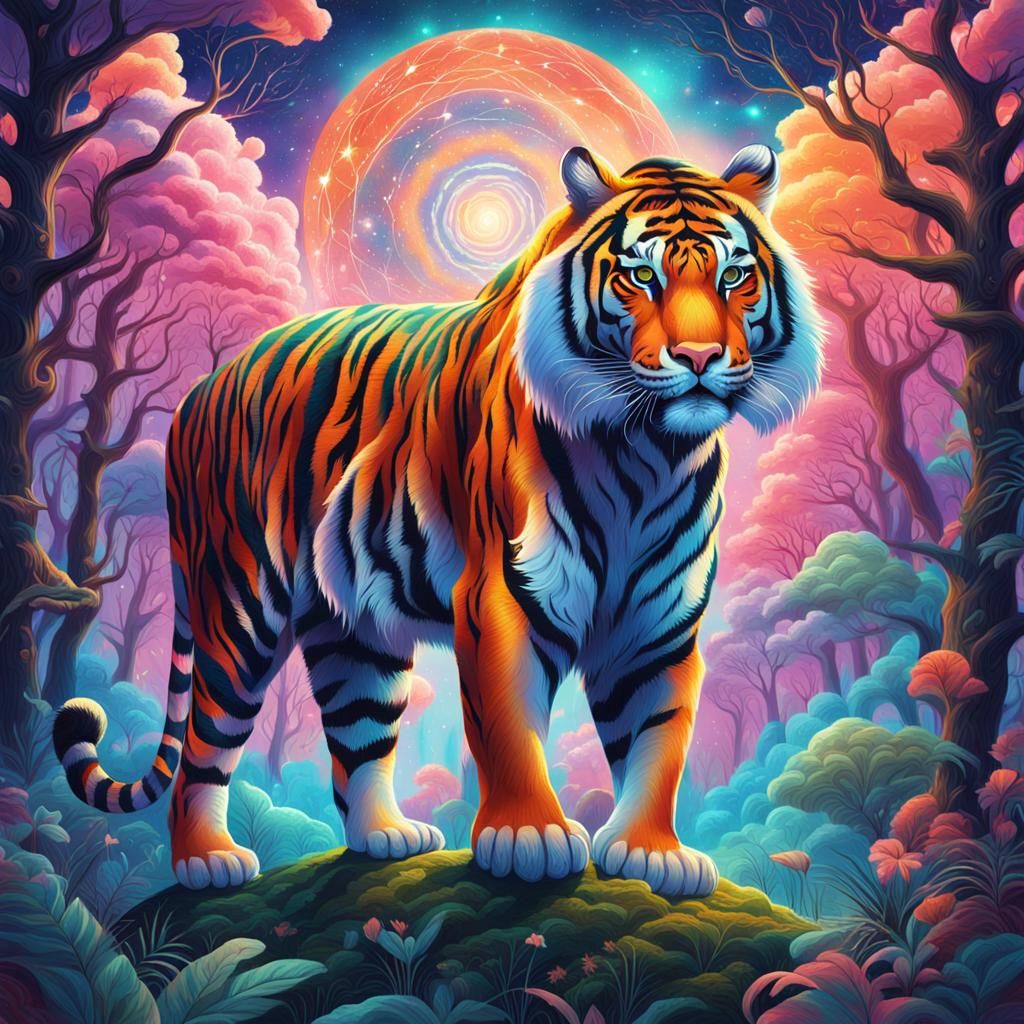 Cosmic Tiger in Mystical Forest, Surreal Illustration