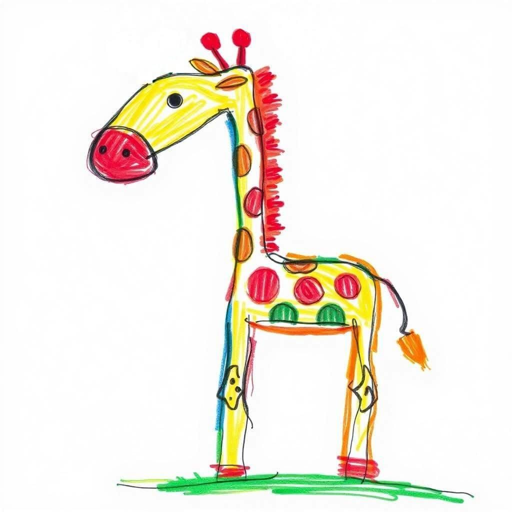 Childlike Crayon Drawing of a White Giraffe