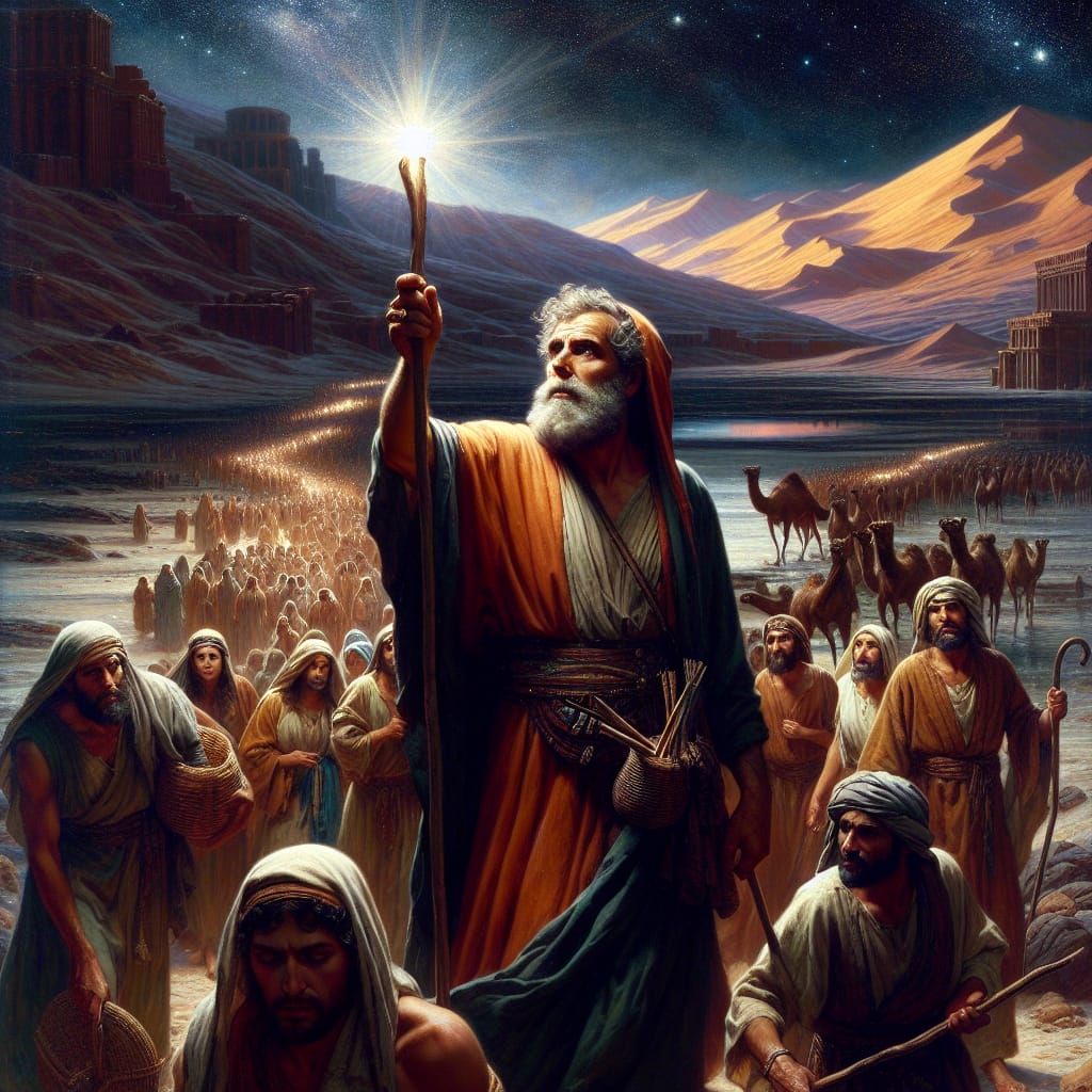 Biblical Leader Guides Followers Through Desert Landscape