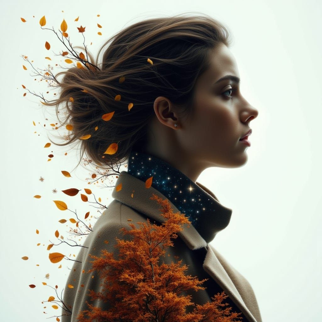 Ethereal Double Exposure Portrait of Woman with Autumn Leave...