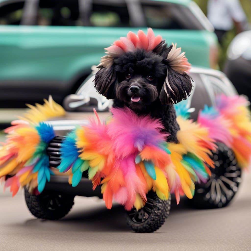 Feather Car Driven by Poodle, Whimsical AI Art