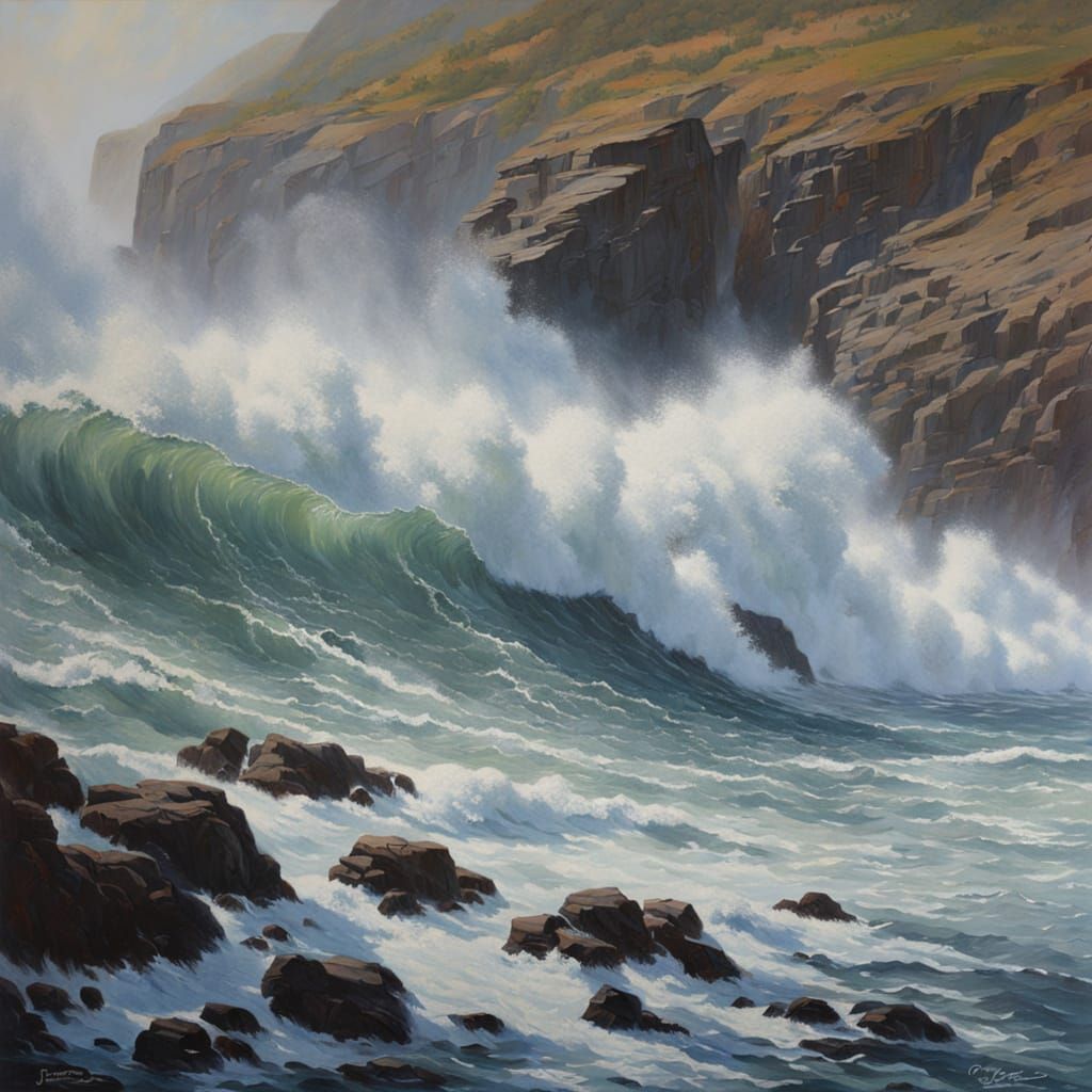 Waves Crash Against the Cliff in a Dramatic Oil Painting