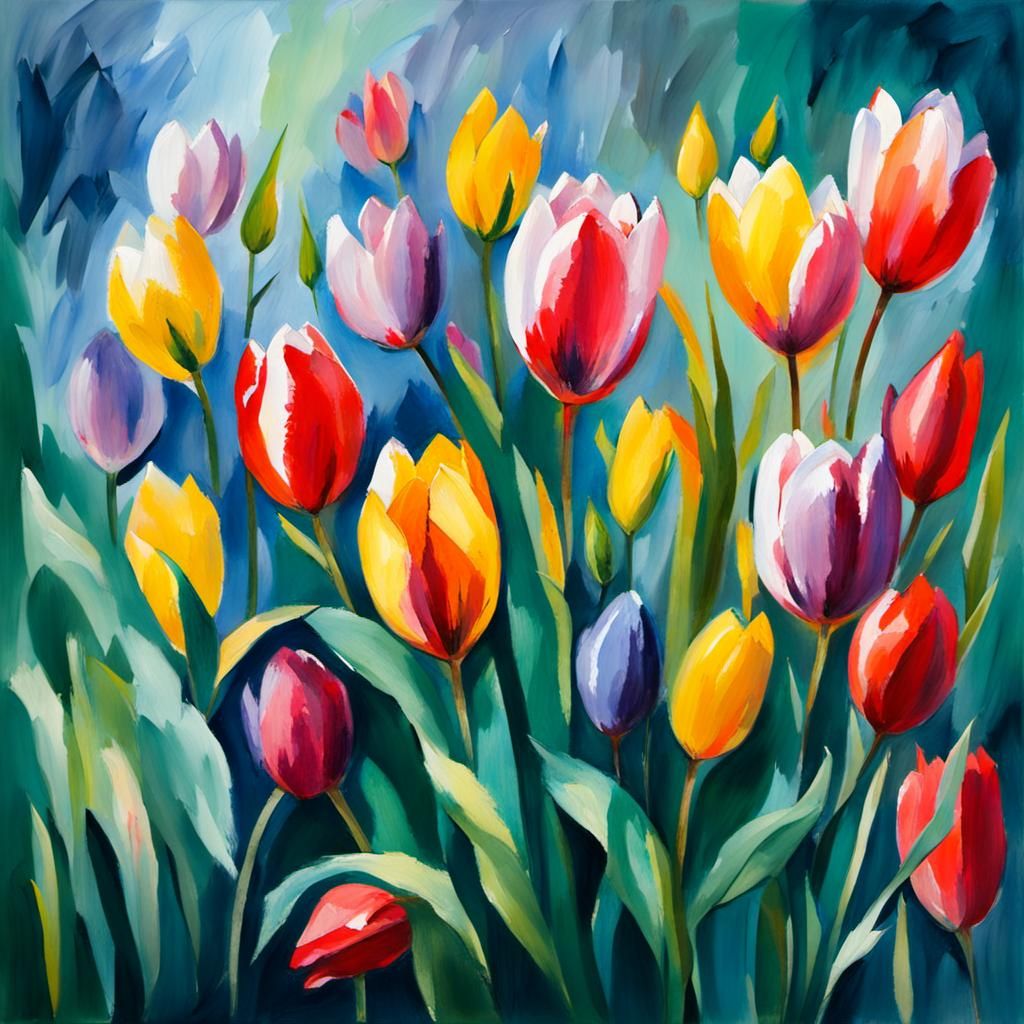 Tulips in Gouache Watercolor Impressionist Style