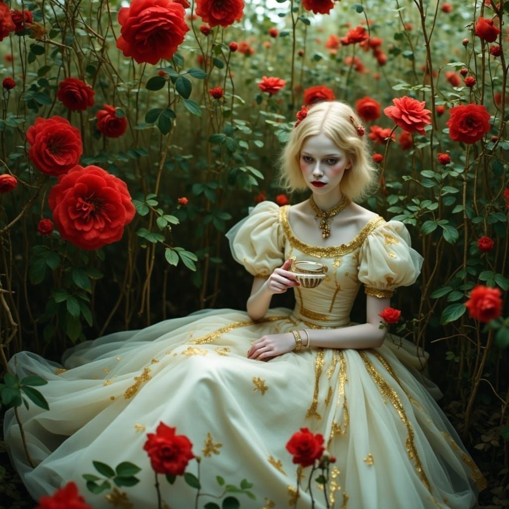 Alice in Overgrown Garden with Giant Bioluminescent Roses