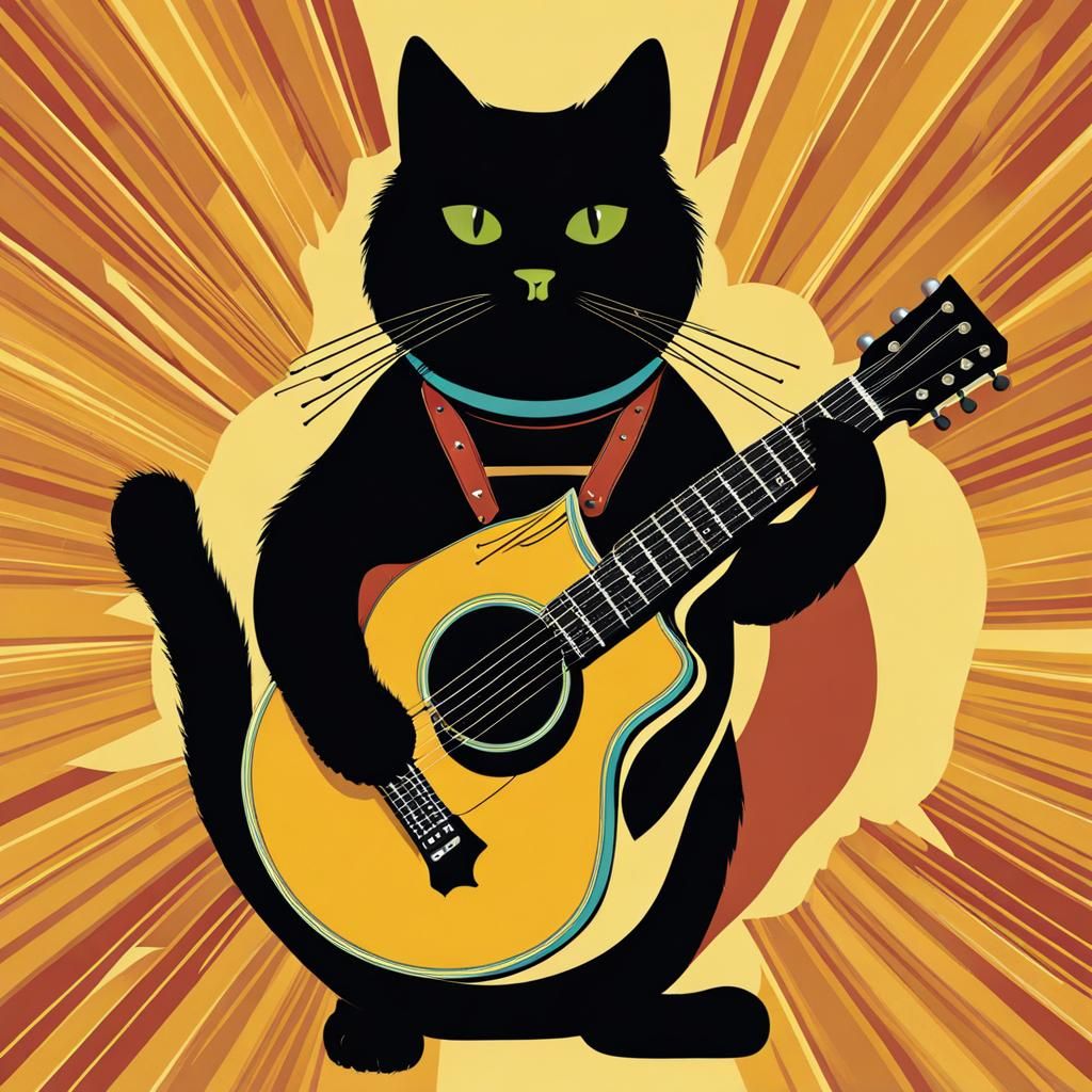 Fat Black Cat with Guitar