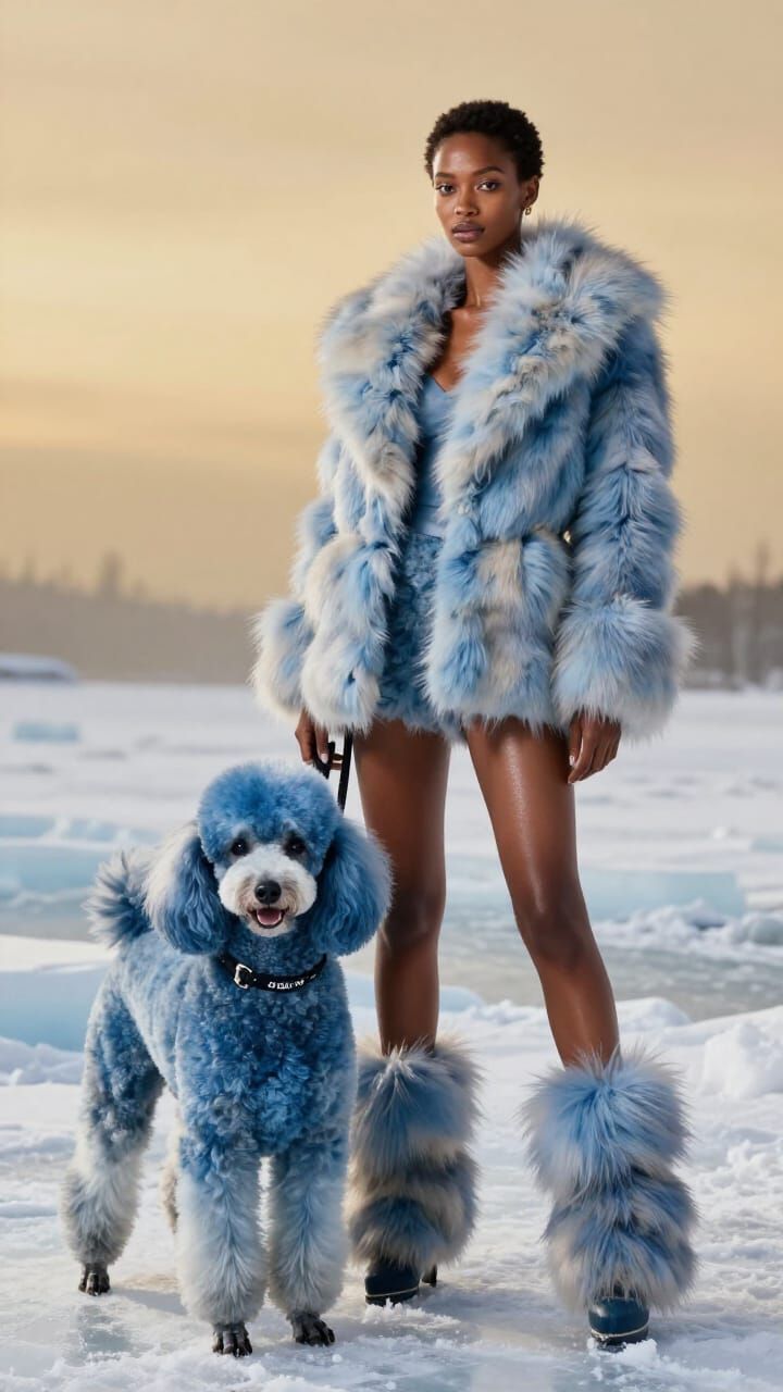 High-Fashion Editorial: Woman and Blue Poodle in Surreal Win...