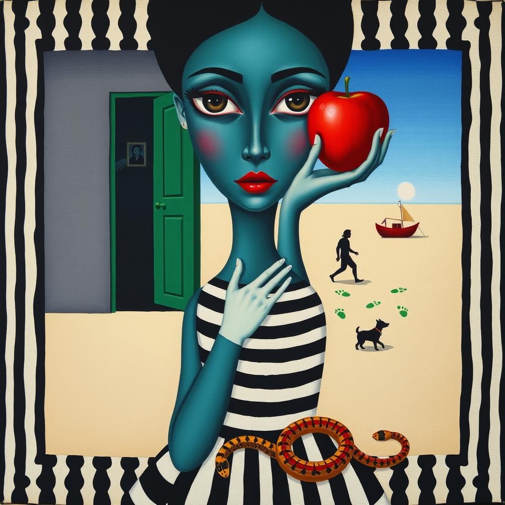Surrealist Woman with Apple on Distant Shore