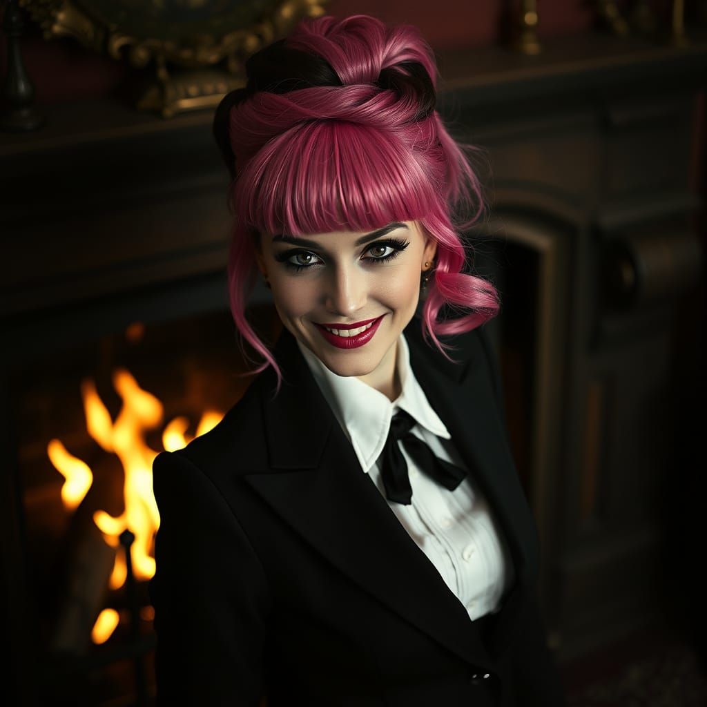 Gothic Woman by Fireplace in Monochrome Cinematic Style