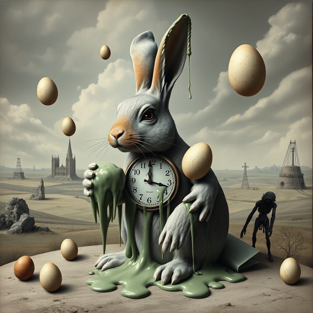 imagine a surrealist Easter Bunny, melting into a dreamscape of distorted shapes and impossible landscapes, with Easter ...