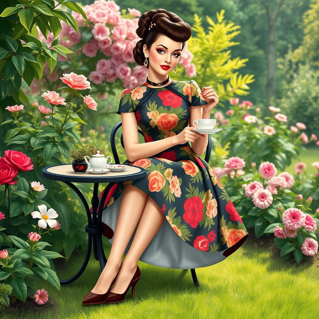 Elegant Crossdresser in 1950s Garden Tea Setting, Inspired b...