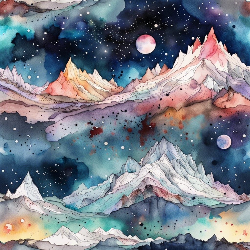 Watercolor Mountain Range Under Night Sky