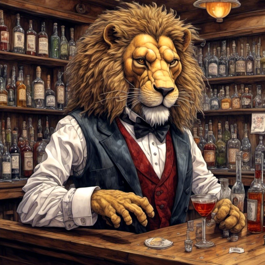 Victorian Lion Bartender in Anthropomorphic Art Style